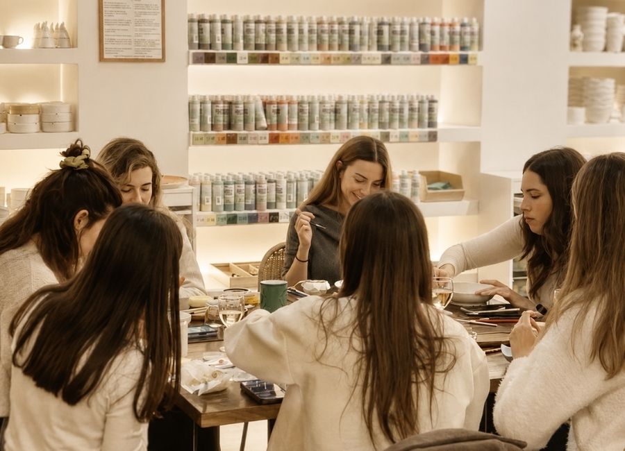 Grup d'amigues pintant ceràmica a Barcelona